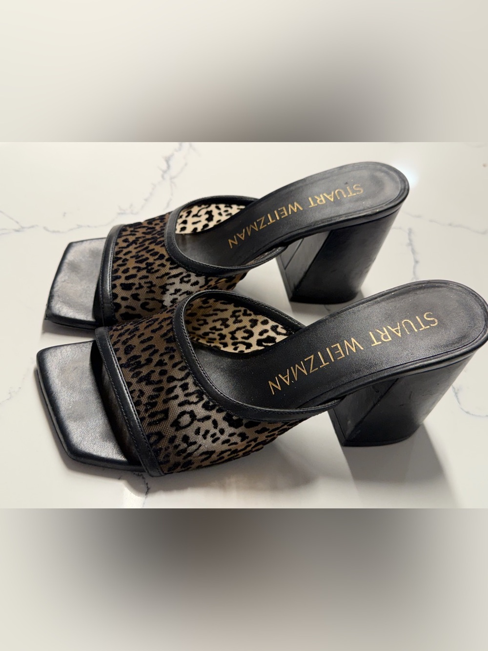 Stuart Weitzman Leopard Print Mesh Block Heel Slides - Black and Brown